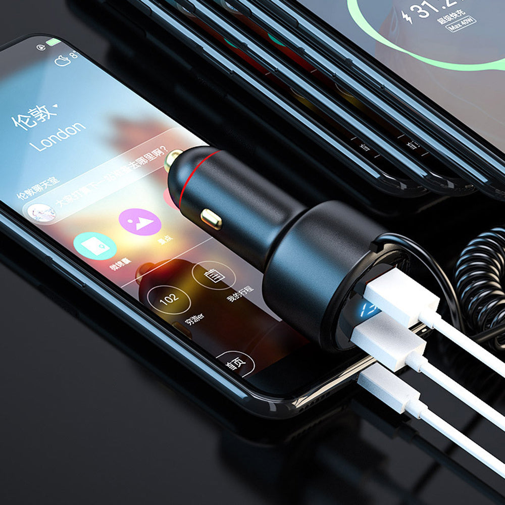 P6X 12V-24V Dual USB Car Cigarette Lighter Fast Phone Charger with iP+Micro+USB-C Cable P6X 12V-24V Dual USB Car Cigarette Lighter Fast Phone Charger with iP+Micro+USB-C Cable